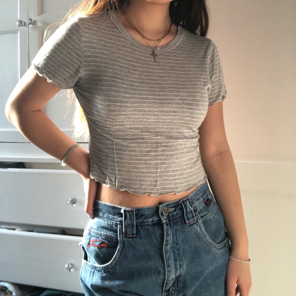 grey white striped lettuce hem edge tee - Picture 2 of 3